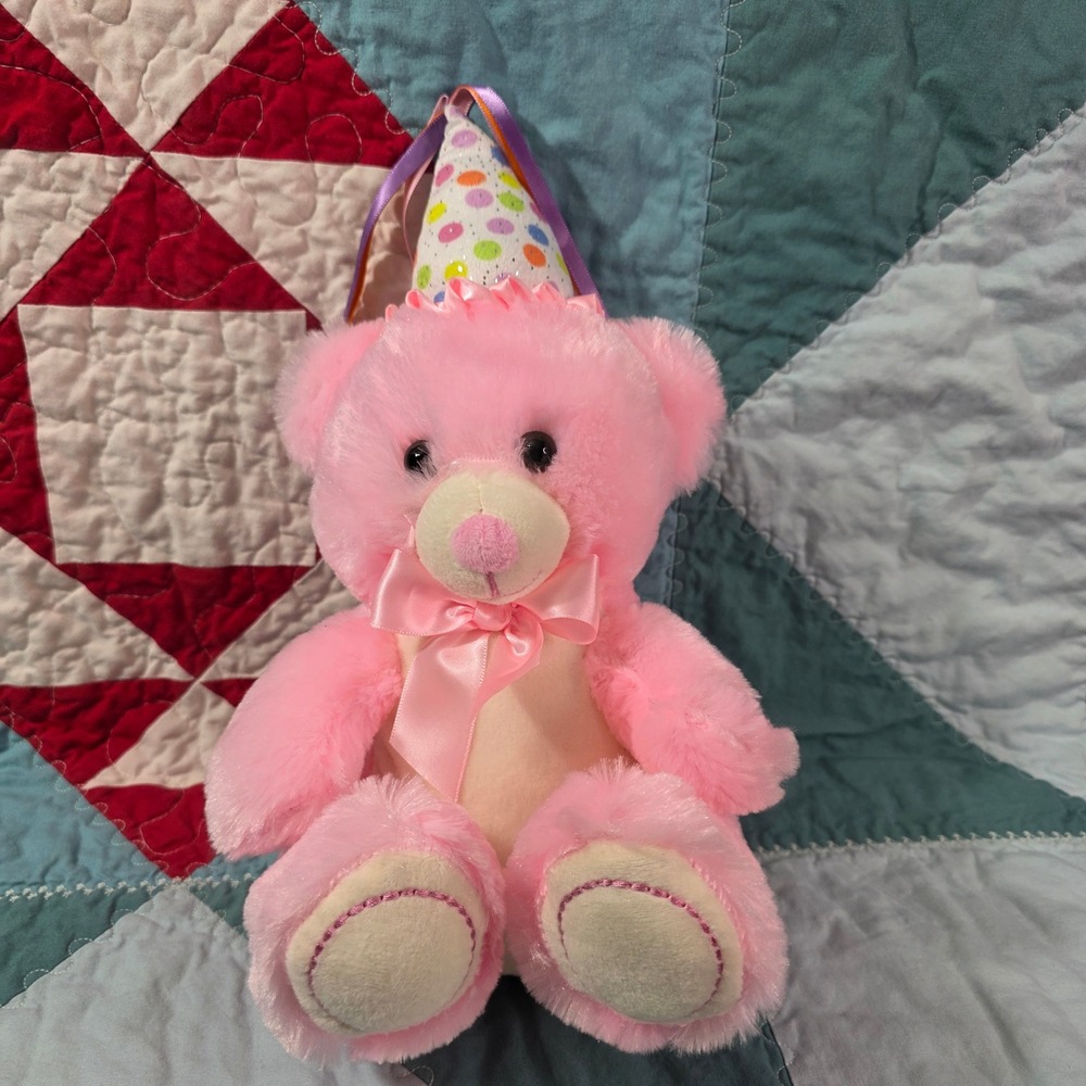 Linzy Pink Birthday Teddy Bear Plush Musical Polka Dot Party Hat Blinking Lights
